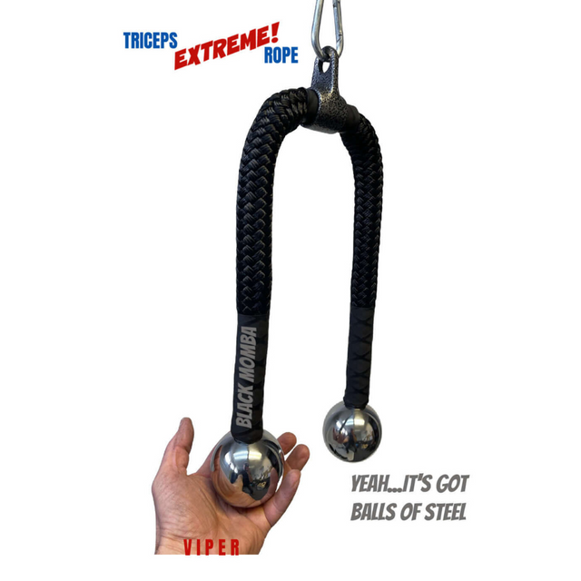 A hand grips the black "Viper" TRICEPS ROPE CABLE with steel balls during a triceps workout, showcasing its commercial-grade quality. The text reads, "YEAH... IT'S GOT BALLS OF STEEL.