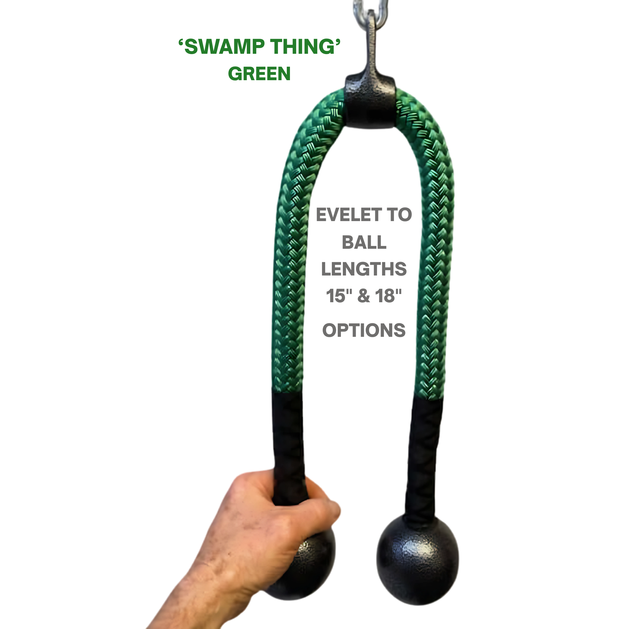 A hand holds the green USA Made TRICEPS ROPE CABLE Extreme Performance Viper / Twisted Sisters with black ends and two "Swamp Thing" weighted balls, offering top performance and various size options.