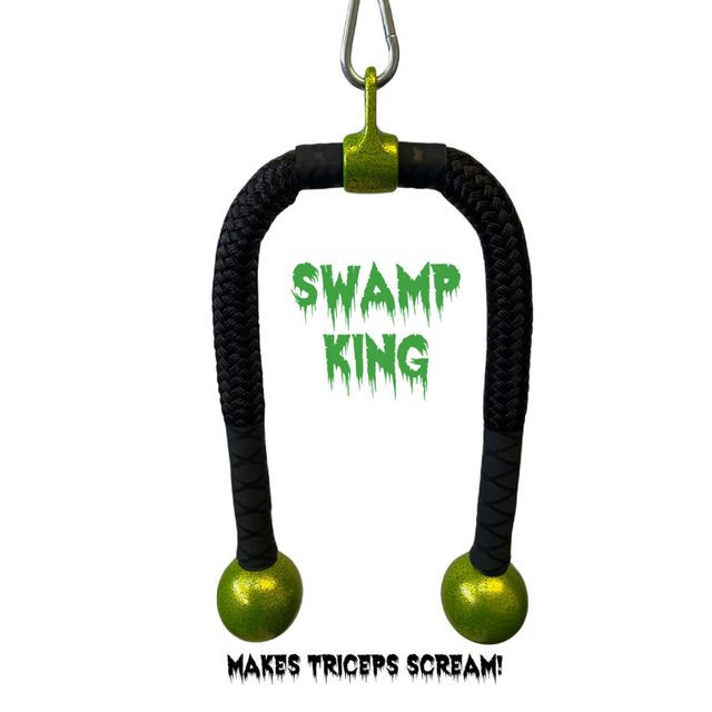 The TRICEPS ROPE CABLE Extreme Performance Viper / Twisted Sisters, in black and green, is a commercial-grade gym attachment labeled "Swamp King" with "Makes Triceps Scream!" below, ideal for intense triceps workouts.