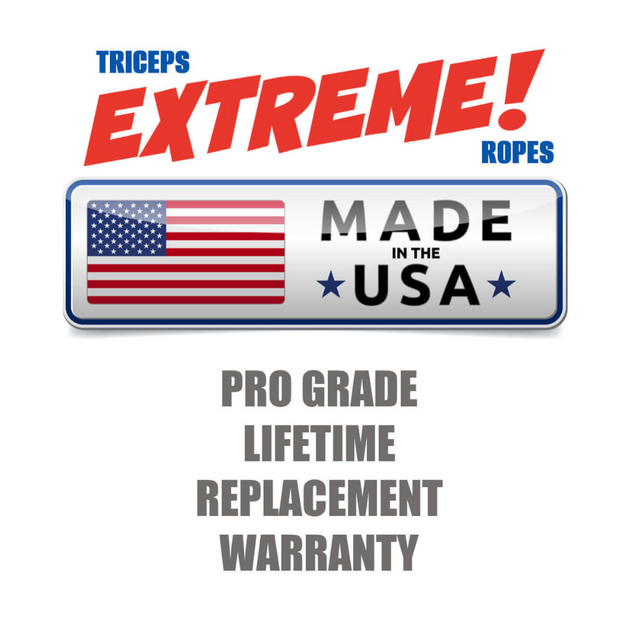 The TRICEPS ROPE CABLE Extreme Performance Viper / Twisted Sisters features a 'Made in the USA' logo with an American flag, designed for intense triceps workouts. It includes a commercial-grade build and a 'Pro Grade Lifetime Replacement Warranty.'.