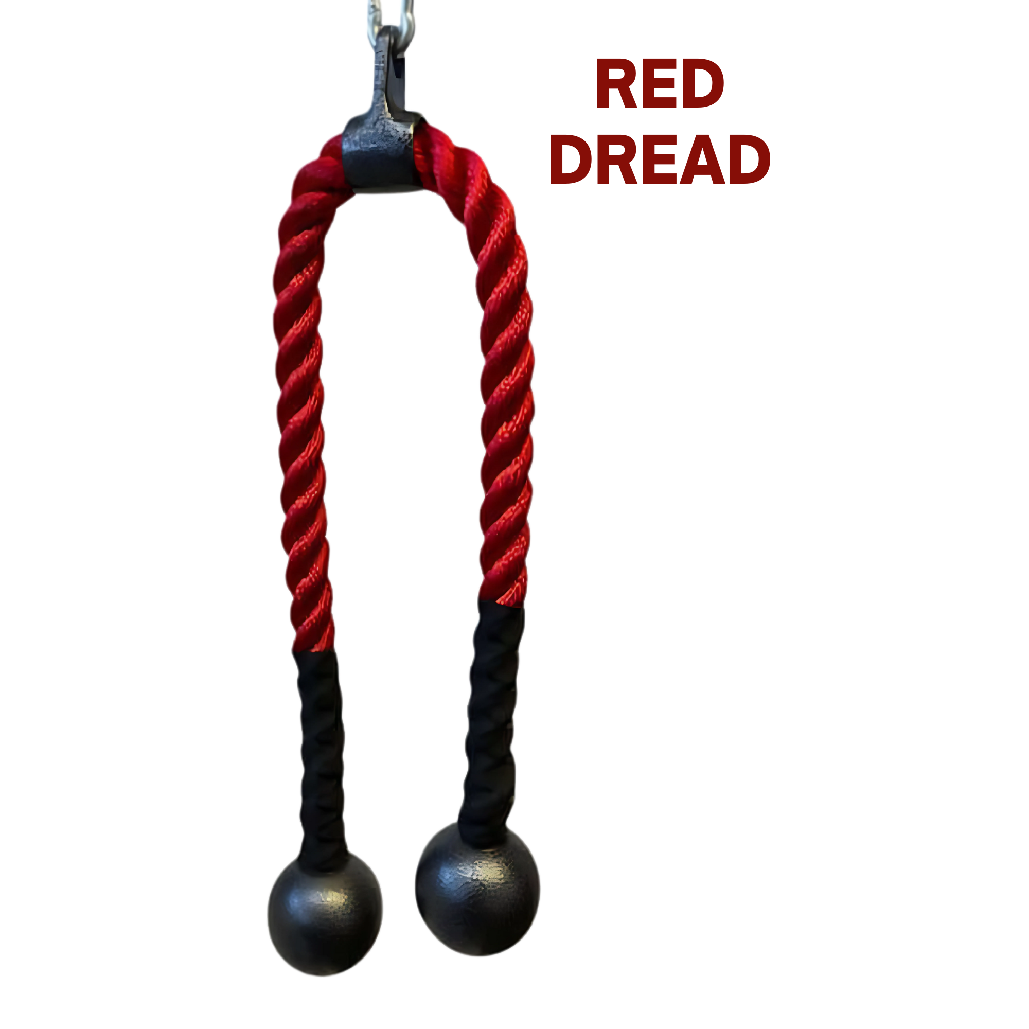 A TRICEPS ROPE CABLE Extreme Performance Viper / Twisted Sisters in red and black hangs, displaying "RED DREAD" in bold red text.