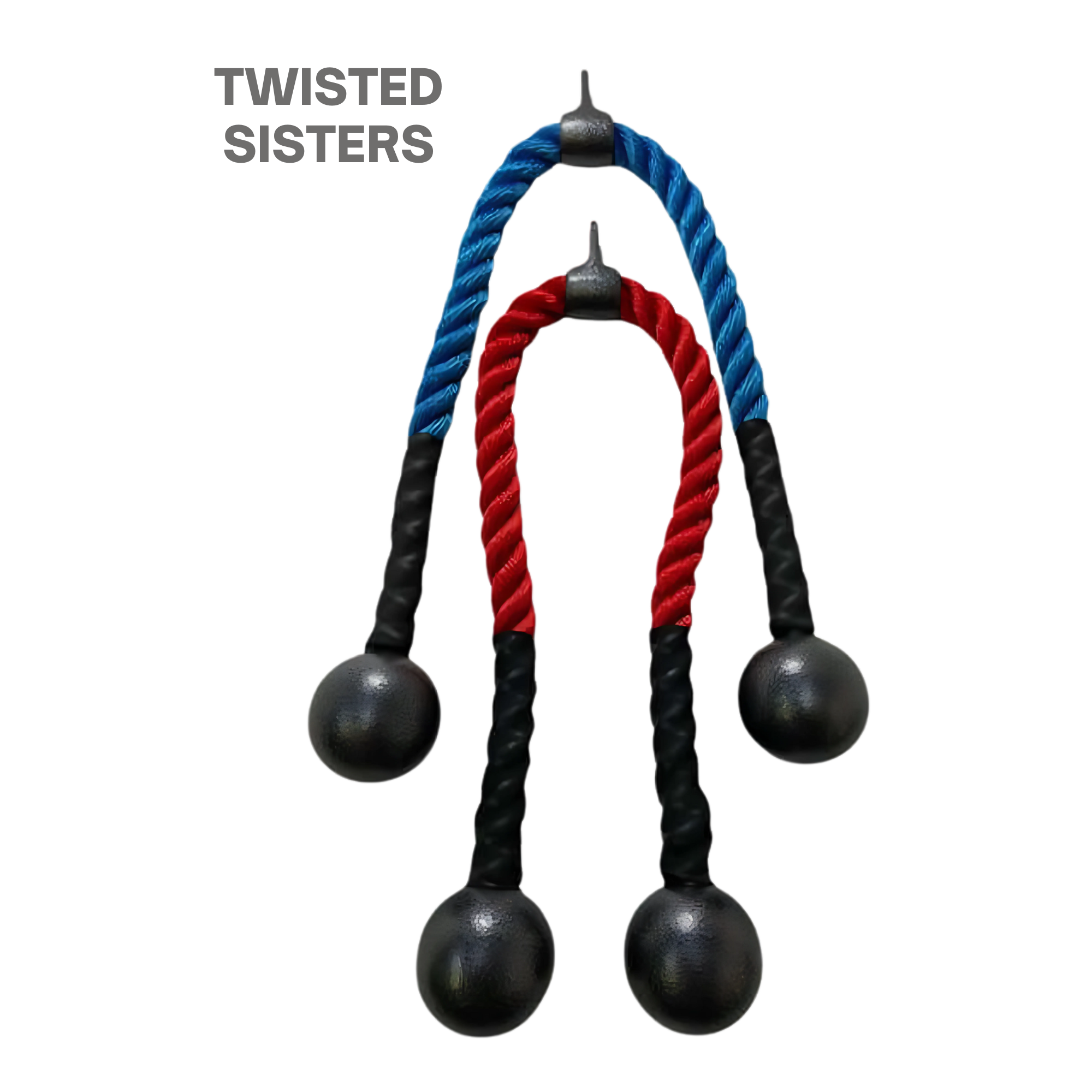 The TRICEPS ROPE CABLE Extreme Performance Viper / Twisted Sisters features blue and red rope-like weights with "Twisted Sisters" labeled on a black background. Made in the USA for serious triceps training.