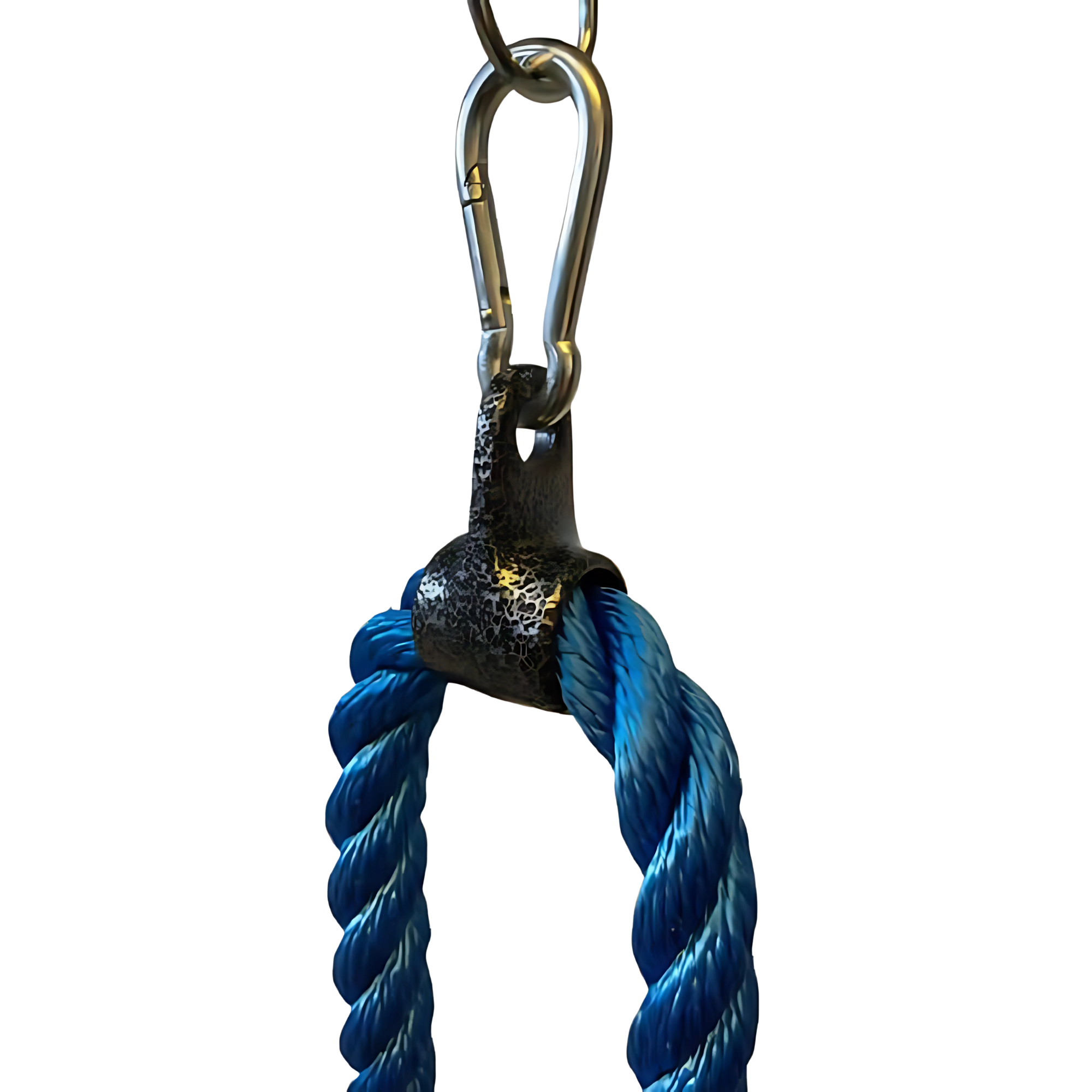 The TRICEPS ROPE CABLE Extreme Performance Viper / Twisted Sisters features a blue rope with a metal clip and ring, plus a textured black connector, all designed for extreme performance.