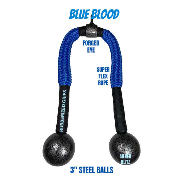 The TRICEPS ROPE CABLE Extreme Performance Viper / Twisted Sisters is weighted exercise equipment featuring blue rope, rubberized grips, and 3" steel balls. It's labeled "Silver Blitz" and "Forged Eye," designed for triceps workouts with a commercial-grade build to enhance your strength routine efficiently.