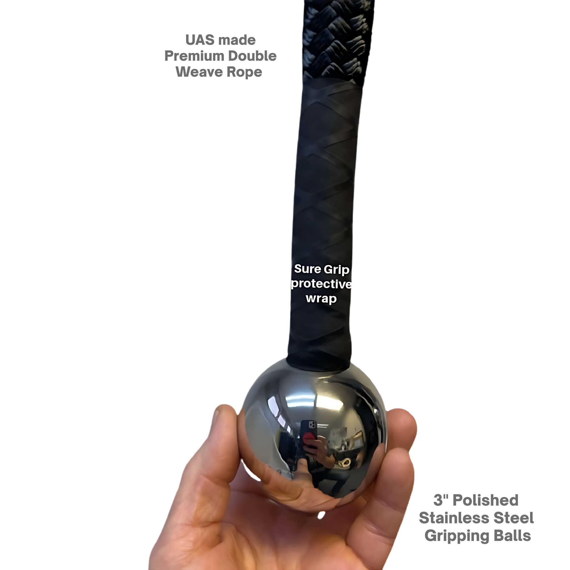 Hand gripping the USA Made TRICEPS ROPE CABLE Extreme Performance Viper / Twisted Sisters, featuring a stainless steel ball for secure hold and highlighted product features.