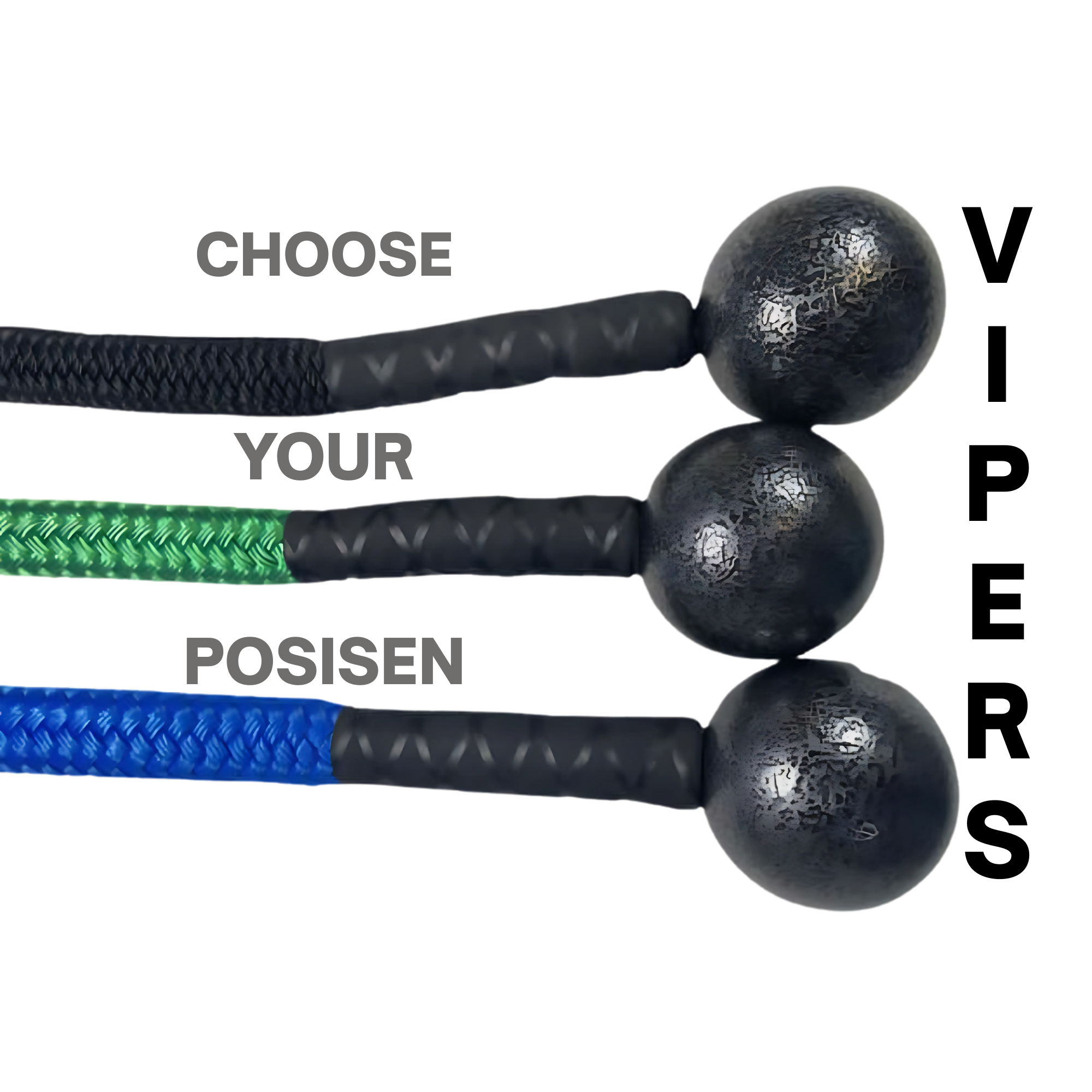 The TRICEPS ROPE CABLE Extreme Performance Viper / Twisted Sisters comes in black, green, and blue with "CHOOSE YOUR POSISEN" above—crafted for next-level durability and strength.