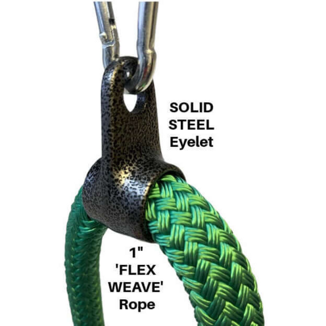 Close-up of the green 'TRICEPS ROPE CABLE Extreme Performance Viper / Twisted Sisters' featuring a 1" Flex Weave design, solid steel eyelet, and metal clip for commercial-grade durability in triceps workouts.