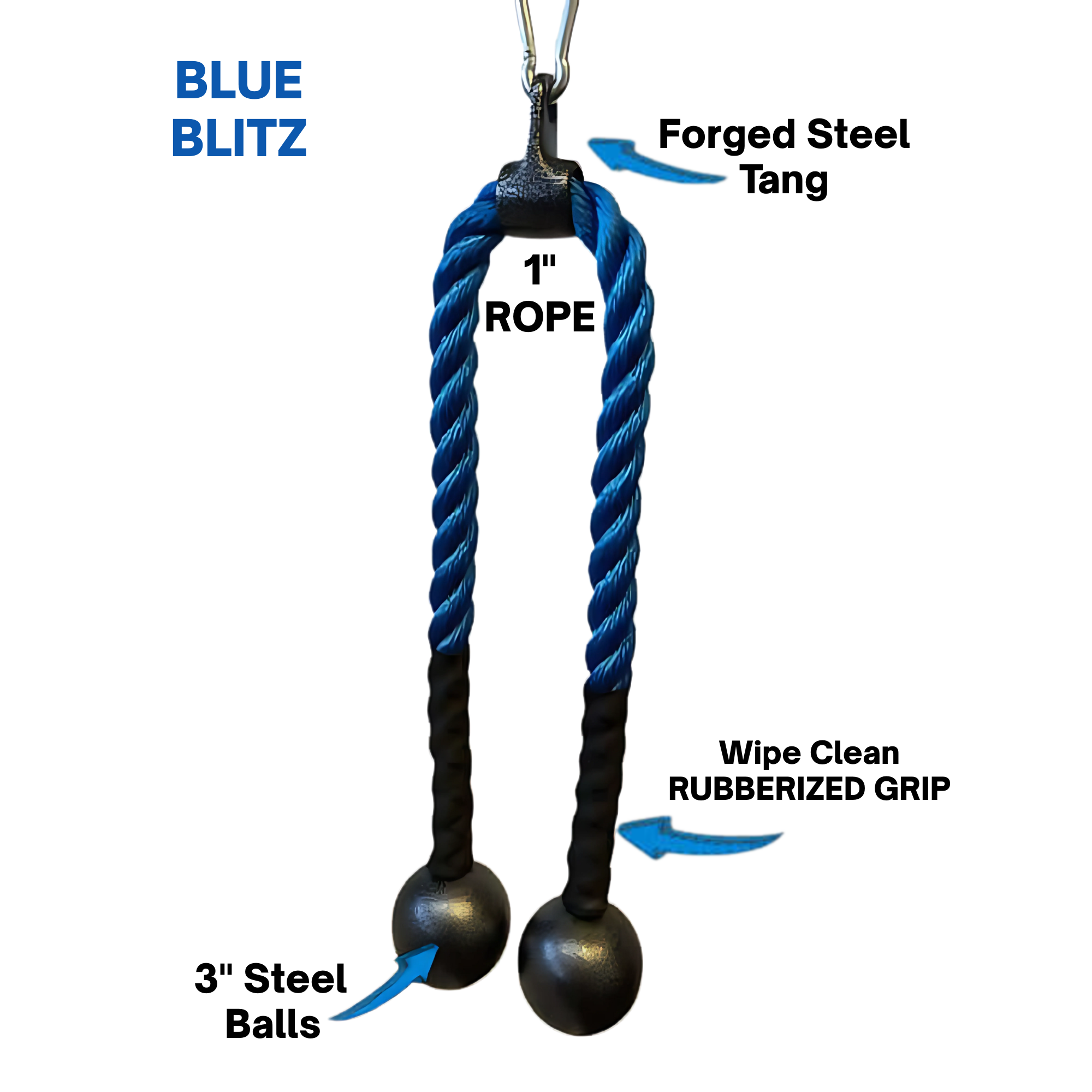 The TRICEPS ROPE CABLE Extreme Performance Viper / Twisted Sisters is a blue and black twisted attachment with rubber ends, featuring arrows at each end for extreme performance.