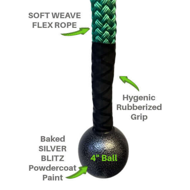Enhance your triceps workout with the TRICEPS ROPE CABLE Extreme Performance Viper / Twisted Sisters, featuring a green flex rope with a black rubber grip and a 4" metal ball at the end.