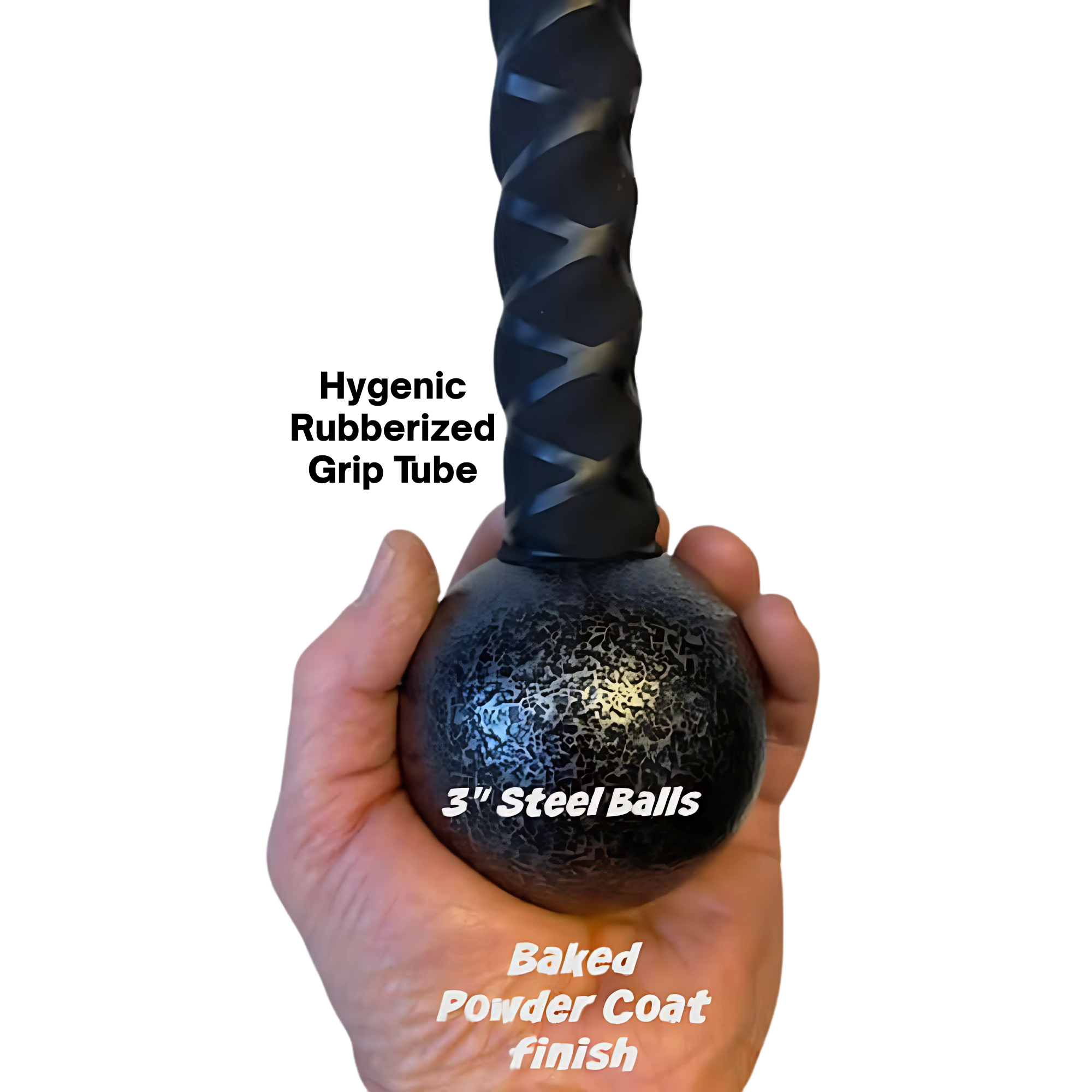Hand holding the TRICEPS ROPE CABLE Extreme Performance Viper / Twisted Sisters with a textured black steel ball and baked powder coat finish for extreme durability.