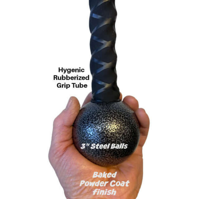 A hand holds the TRICEPS ROPE CABLE Extreme Performance Viper with a black grip and a 3-inch steel ball, perfect for triceps workouts. It's designed with commercial-grade grip and finished details.