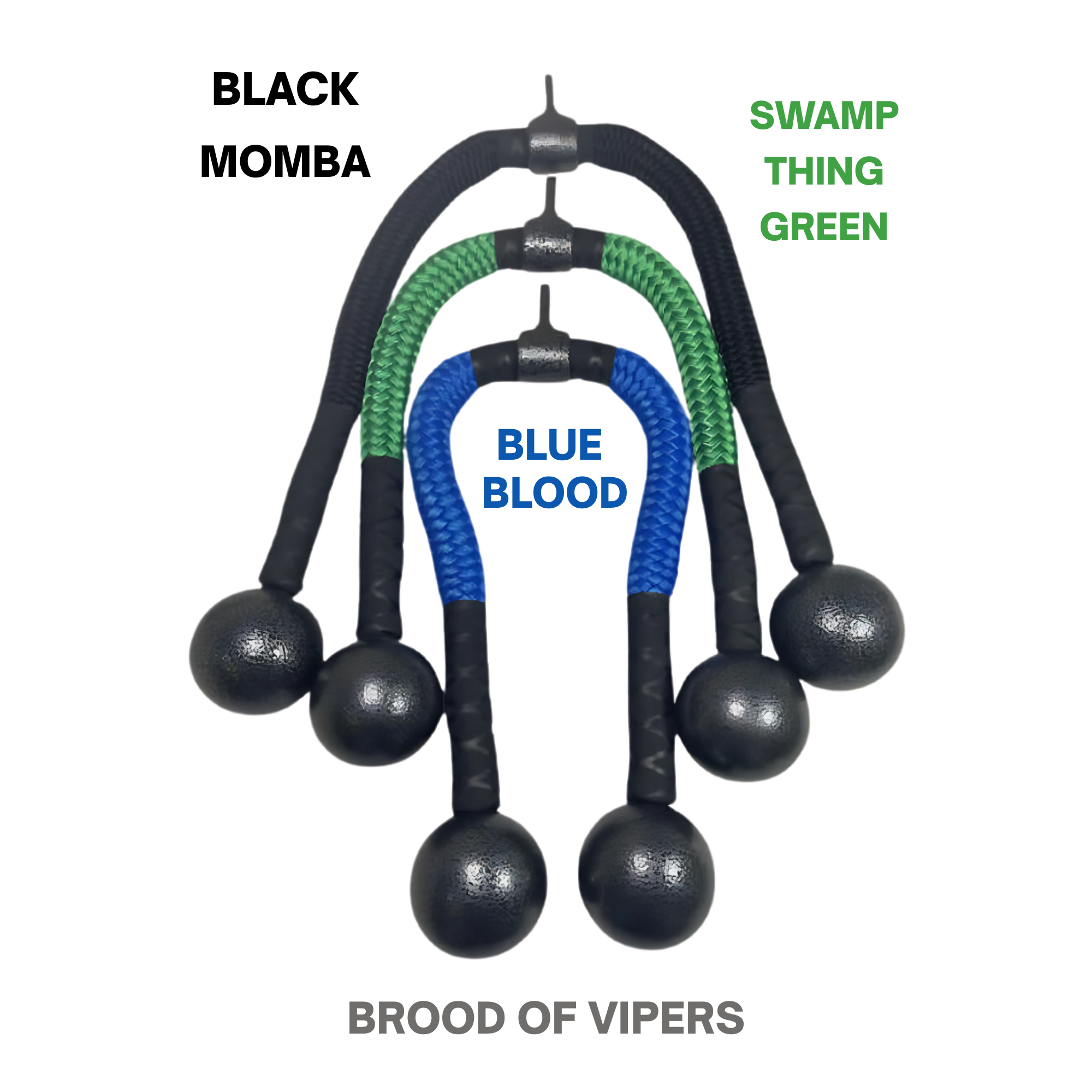 The TRICEPS ROPE CABLE Extreme Performance Viper / Twisted Sisters, with black handles and green or blue cords labeled "Swamp Thing Green" and "Blue Blood," delivers top workout results. Proudly made in the USA for lasting quality.