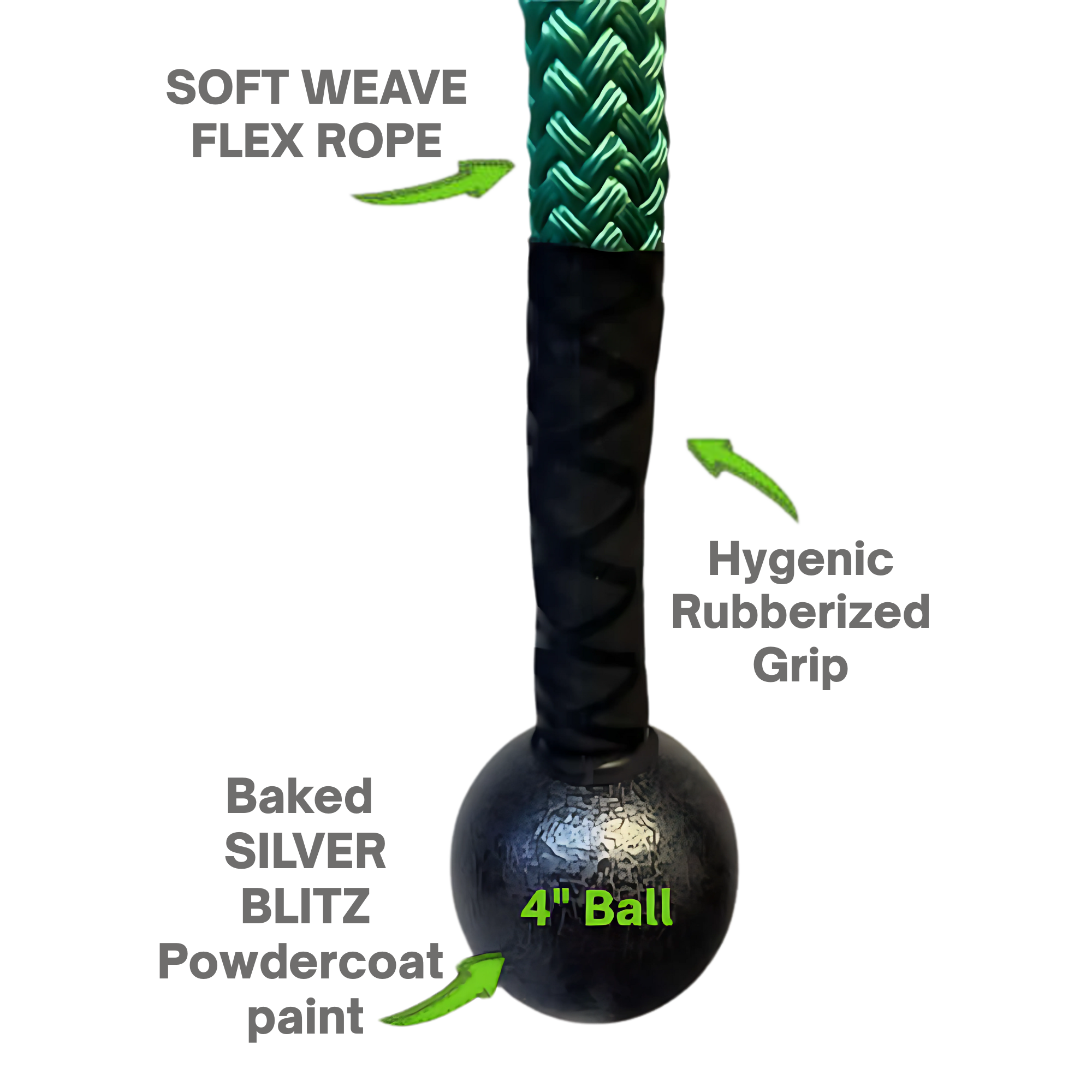 Close-up of a green and black TRICEPS ROPE CABLE Extreme Performance Viper / Twisted Sisters with rubber grip, 4" black end ball, USA-made and labeled with features.