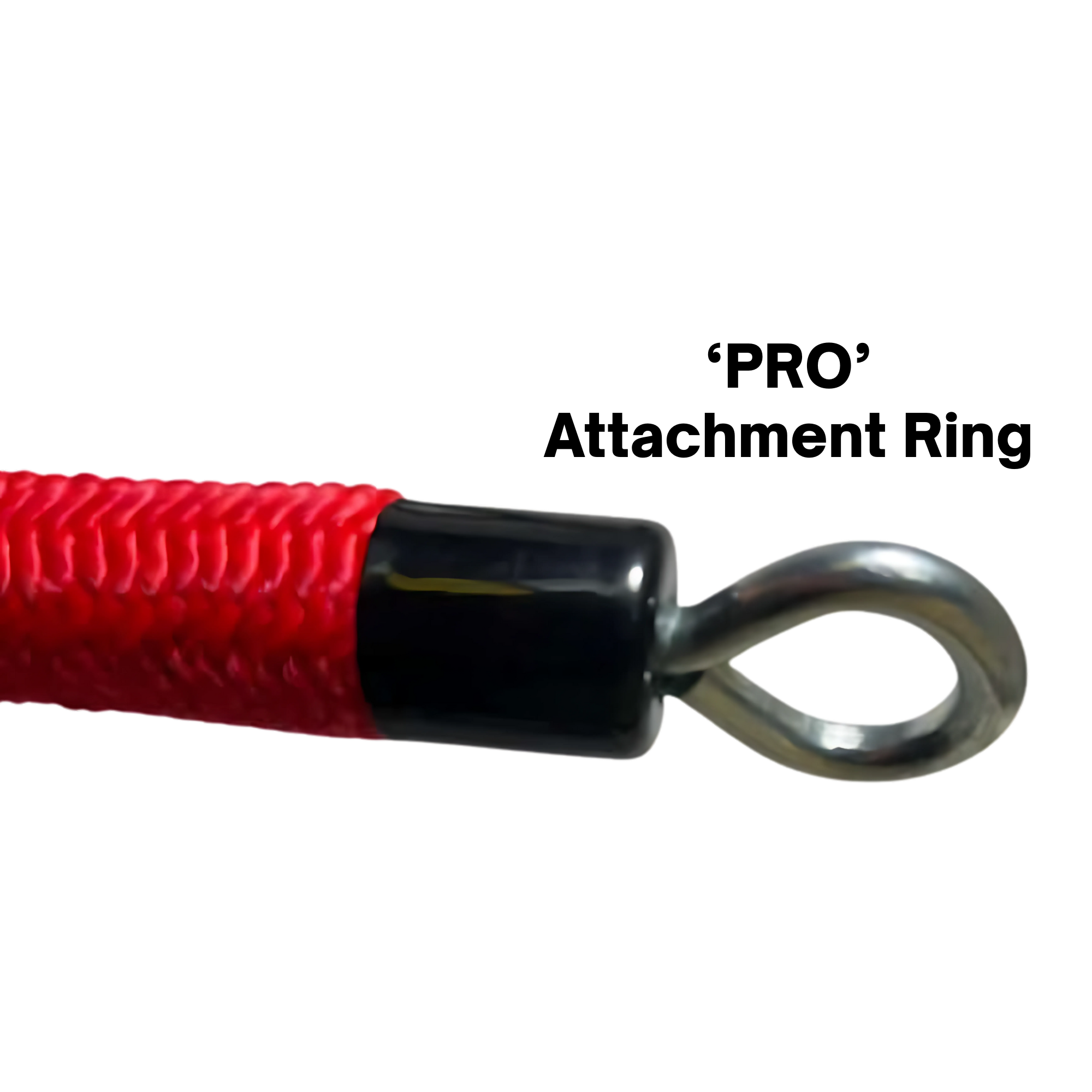 Close-up of the TRICEPS ROPE EXTREME 'Singles' triceps cable workout rope in red, featuring a cushioned grip and metal eyelet, isolated on a white background.