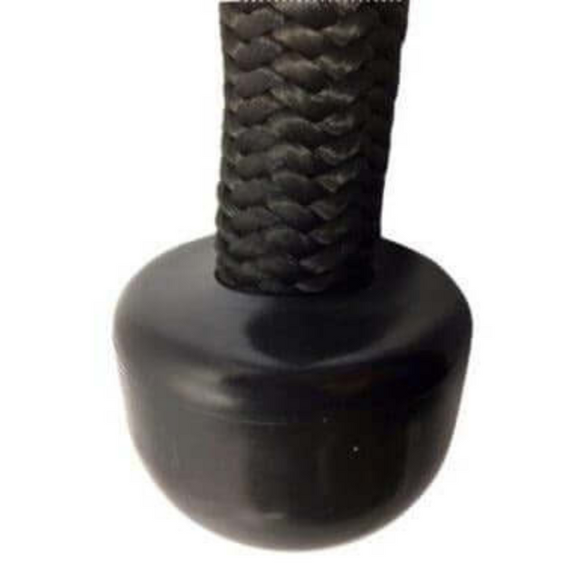 Close-up of a TRICEPS ROPE EXTREME 'Singles' featuring a black knotless braided leather handle, cushioned grip, and rounded base.