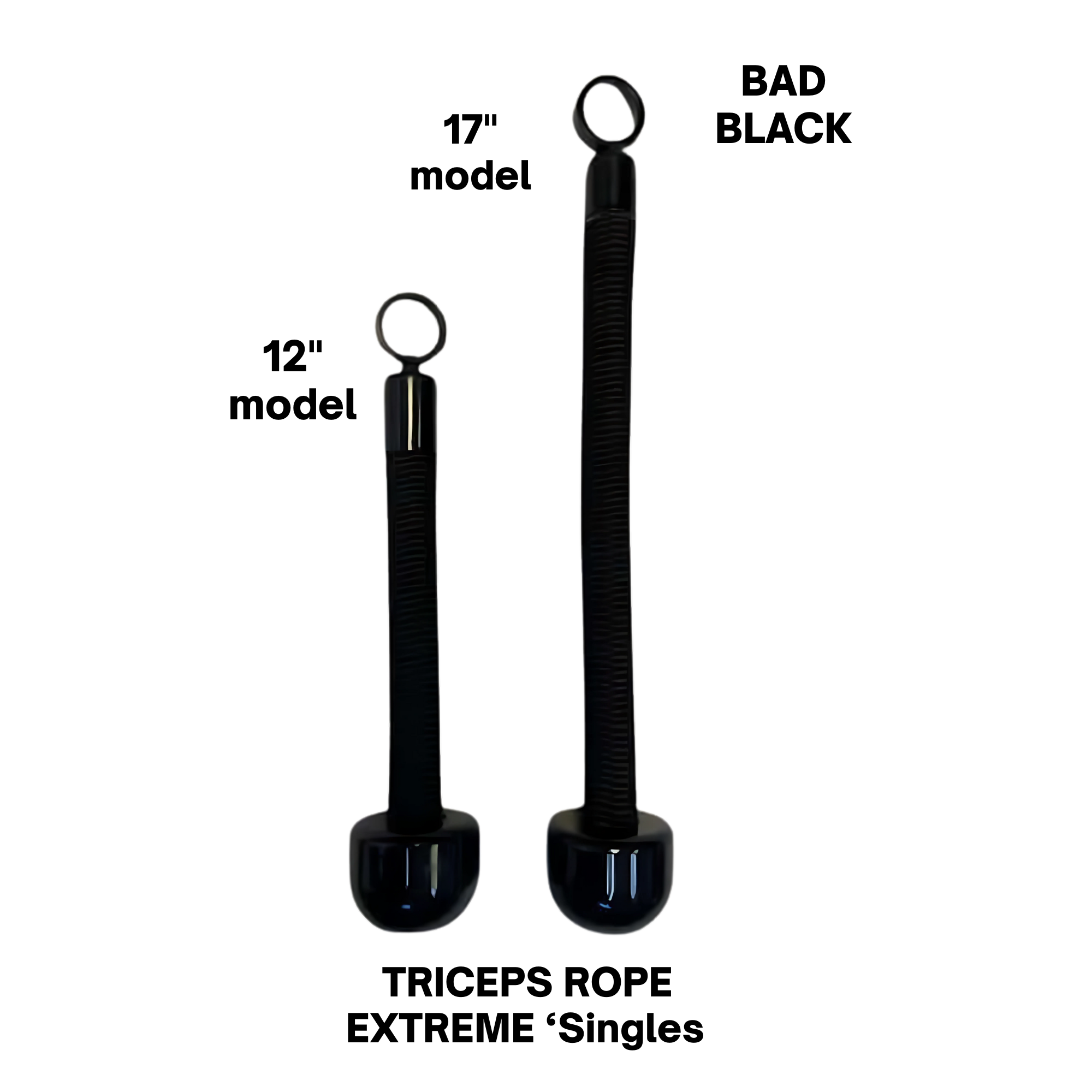 Two TRICEPS ROPE EXTREME 'Singles' triceps cable workout ropes with black rubber handles, cushioned grips, and top rings; one is shorter than the other, displayed on a white background.