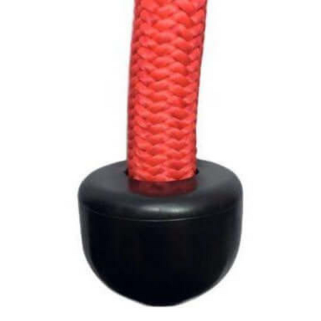 Close-up of a TRICEPS ROPE EXTREME 'Singles' featuring a red braided design, black rubber stopper, and cushioned grip ideal for triceps cable workouts.
