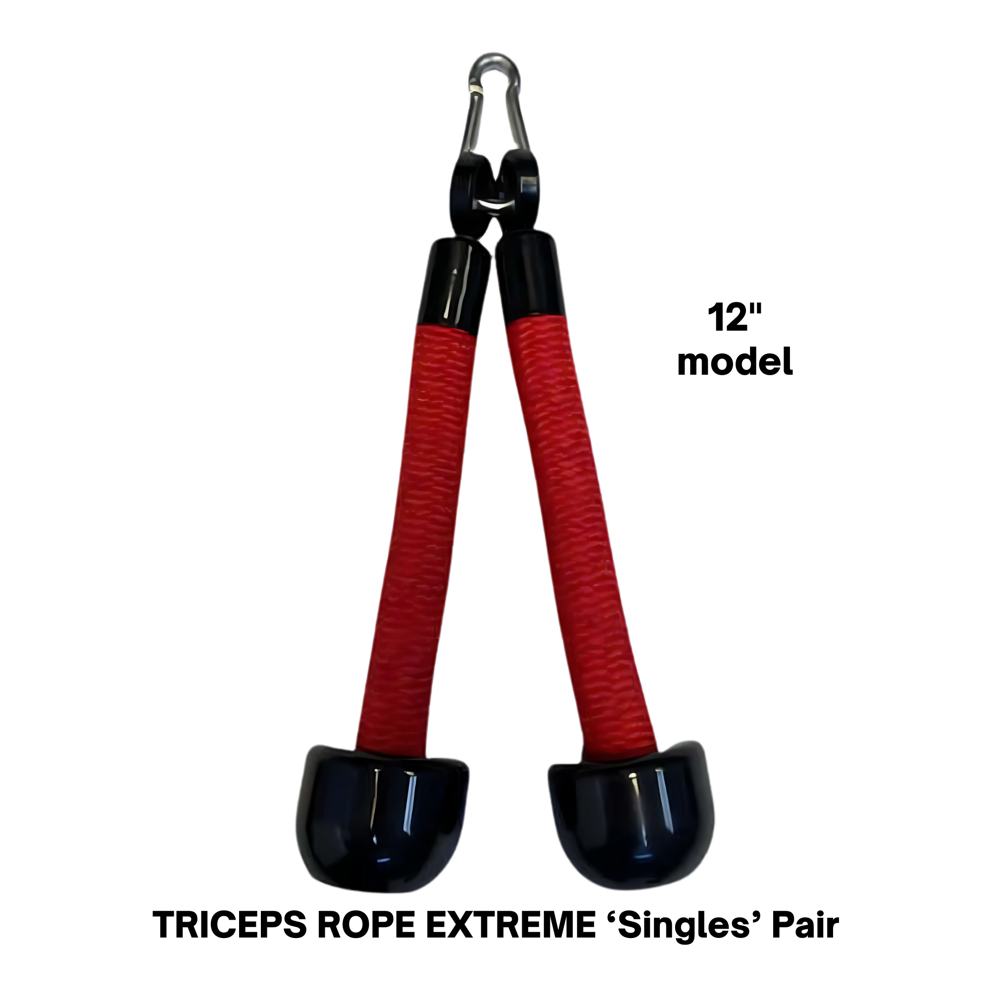 The TRICEPS ROPE EXTREME 'Singles' Triceps Cable Workouts rope features a red and black design, cushioned grip, plastic end caps, and a metal clip—ideal for boosting your triceps workout at the gym.