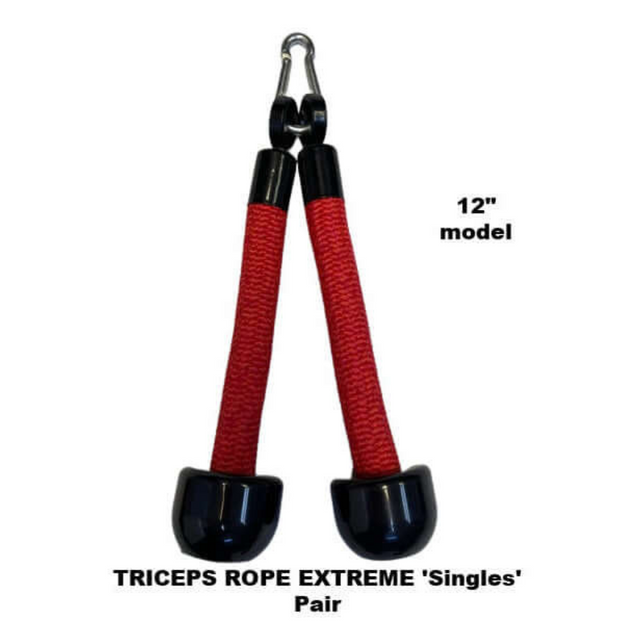 Introducing the TRICEPS ROPE EXTREME 'Singles', 12'' model in red. These triceps cable workout ropes enhance exercise movements with cushioned grips for comfort on any gym equipment.