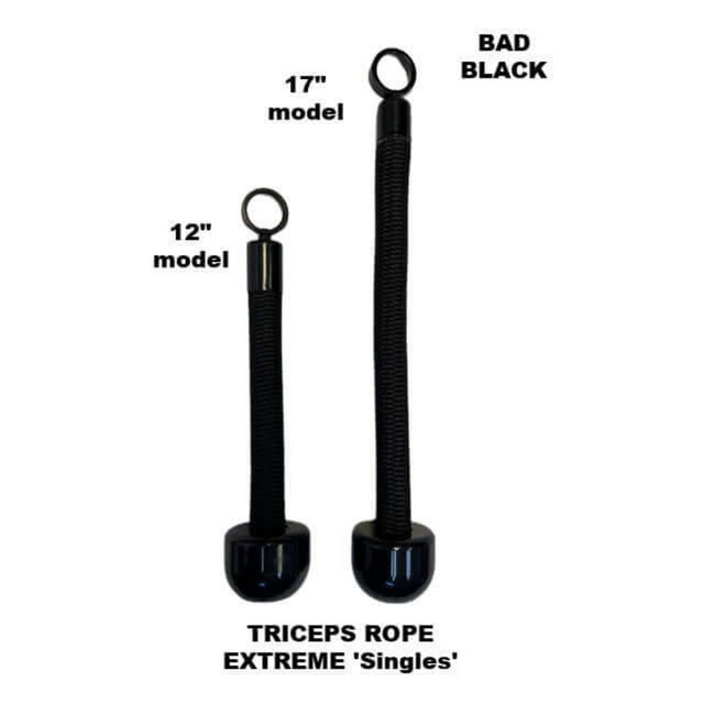 Explore our TRICEPS ROPE EXTREME 'Singles' for cable workouts, available in 12" and 17" lengths with cushioned grips. These black ropes feature top loops and round bottom ends, offering comfort and durability to enhance your exercise experience.