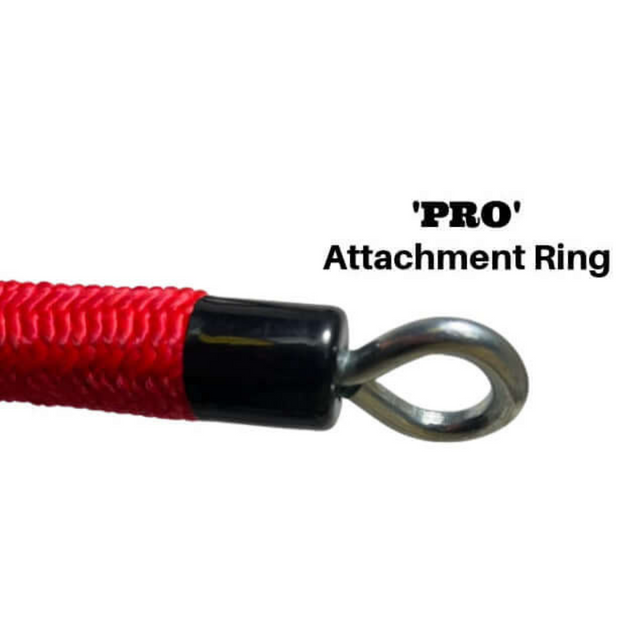 Close-up of the TRICEPS ROPE EXTREME 'Singles' with a red triceps rope, metal loop, and black connector, labeled "PRO Attachment Ring," designed for optimal exercise movement.