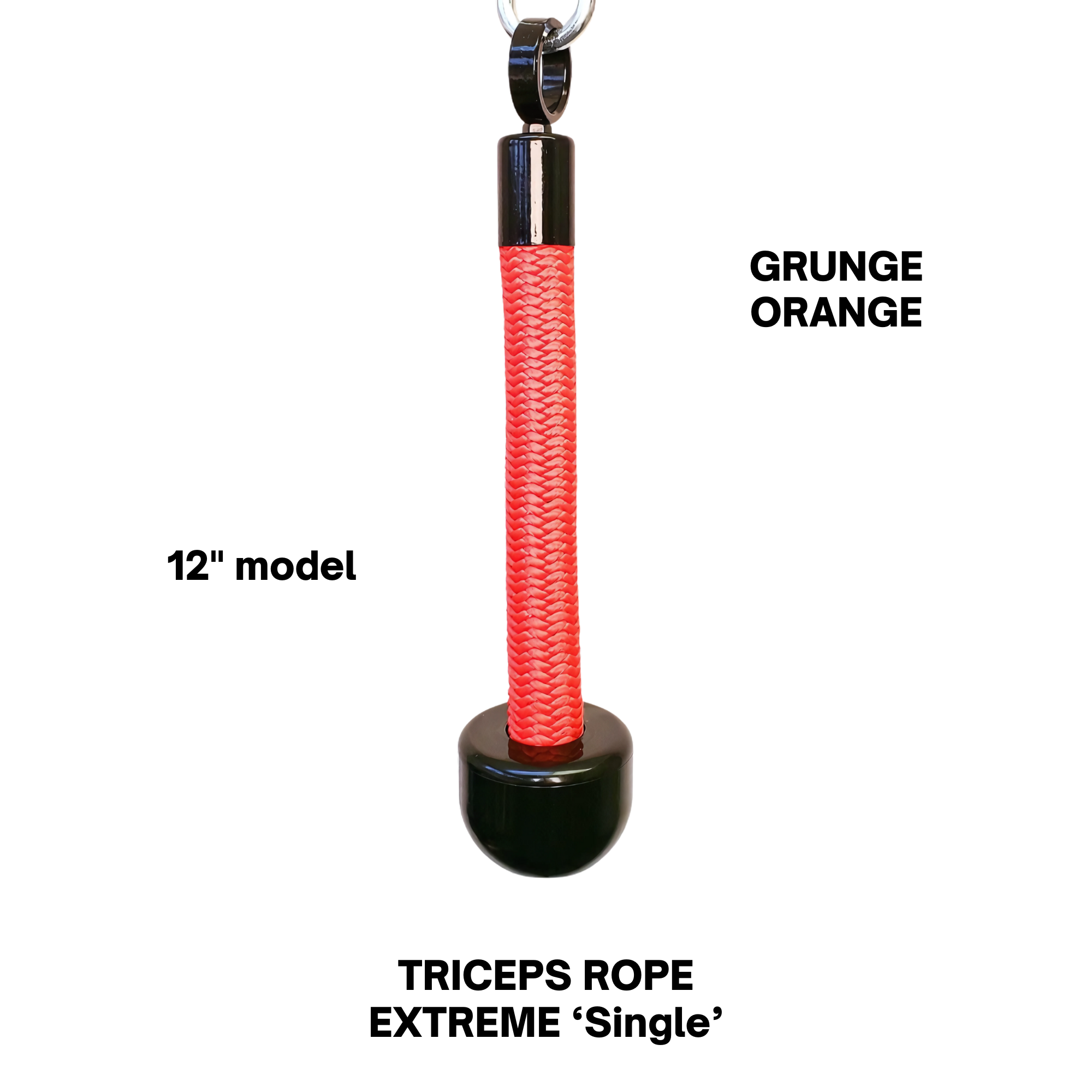 The TRICEPS ROPE EXTREME 'Singles' Triceps Cable Workout Rope features a red braided design, cushioned grip, and black plastic base, hanging from a metal clip against a black background.