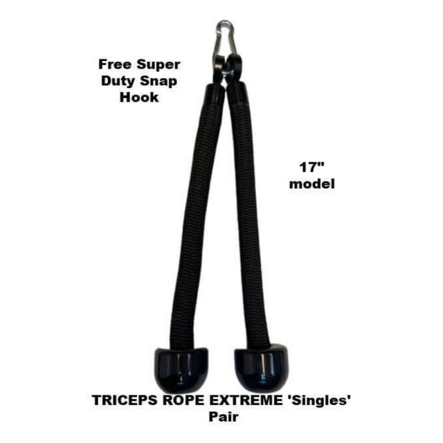 TRICEPS ROPE EXTREME 'Singles' with a cushioned grip and hooks, labeled as the 17" model for effective exercise movements.