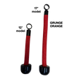 Two red TRICEPS ROPE EXTREME 'Singles' dog tug toys with black handles and rings—one shorter—offer a cushioned grip like a triceps rope, ideal for play or inspiring your next workout. Displayed on a sleek black background.