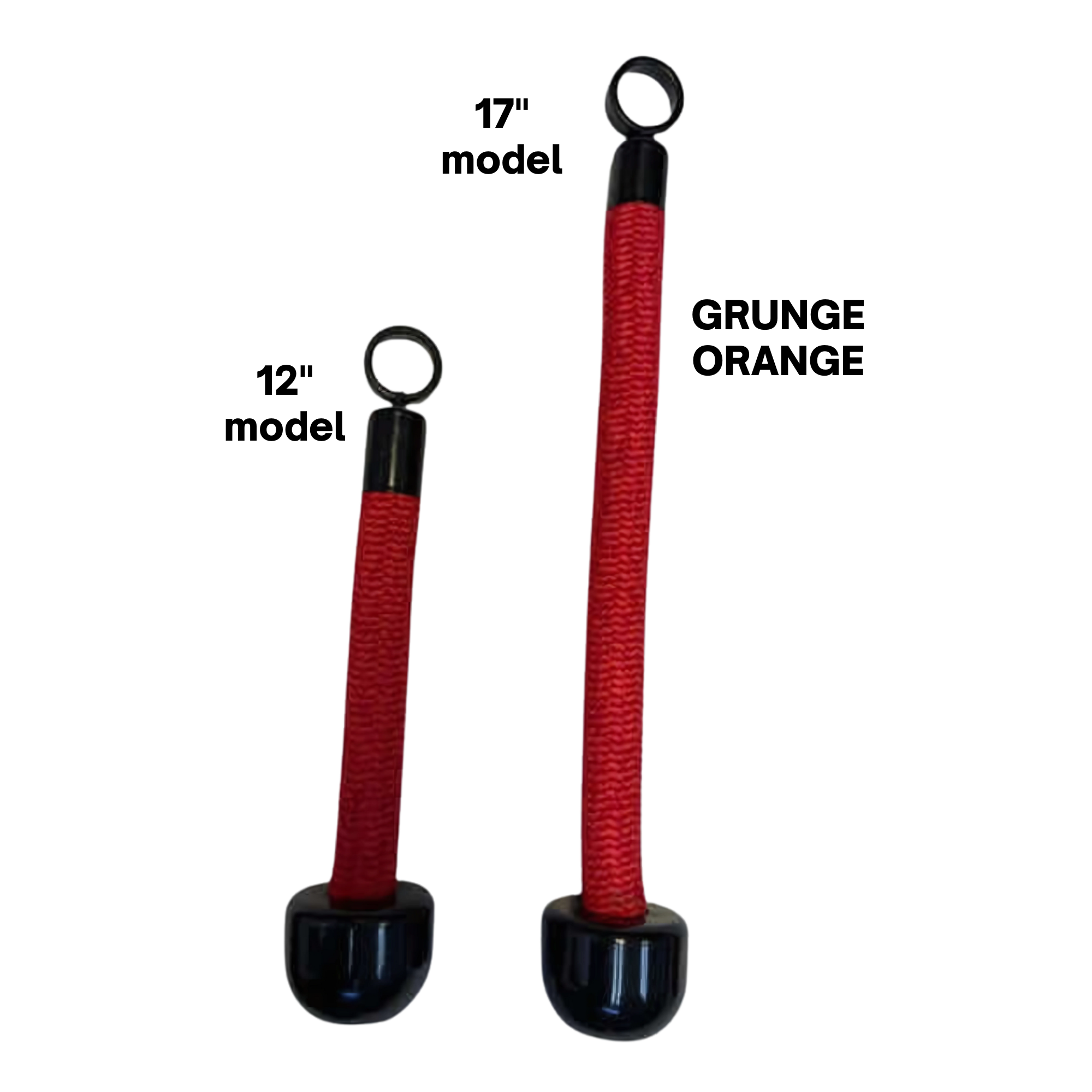 Two red TRICEPS ROPE EXTREME 'Singles' dog tug toys with black handles and rings—one shorter—offer a cushioned grip like a triceps rope, ideal for play or inspiring your next workout. Displayed on a sleek black background.