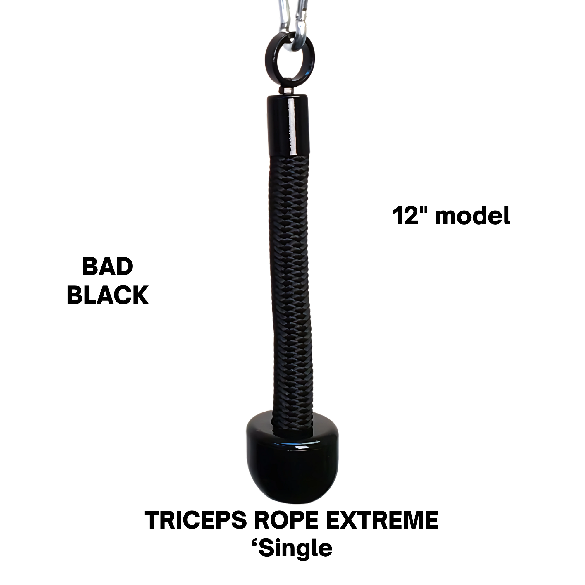 The TRICEPS ROPE EXTREME 'Singles' Triceps Cable Workouts rope, black with a cushioned grip handle, hangs vertically against a white background and resembles a classic tricep rope attachment.