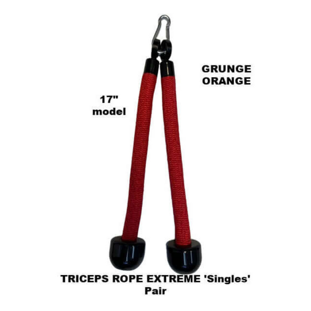 The TRICEPS ROPE EXTREME 'Singles' in "GRUNGE ORANGE" features cushioned black handles and a metal clip. Perfect for enhanced exercise movements, this 17-inch model ensures comfort and style.