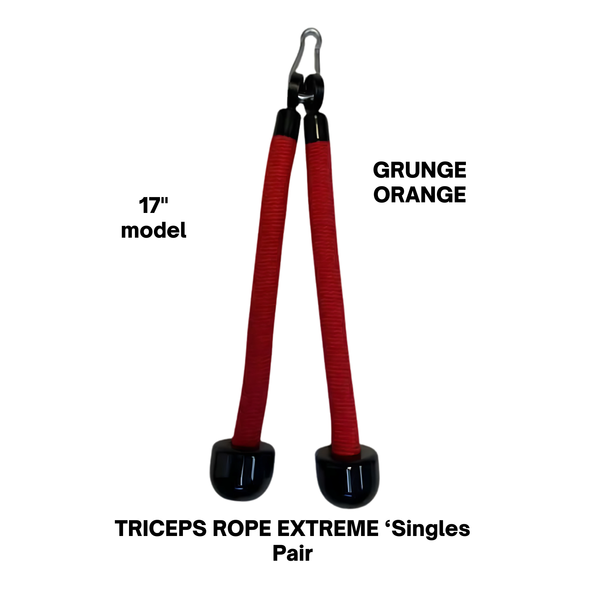 The TRICEPS ROPE EXTREME 'Singles' features a red cushioned grip, black ends, and a metal clip for gym cable machines—ideal for effective triceps workouts. Isolated on white.