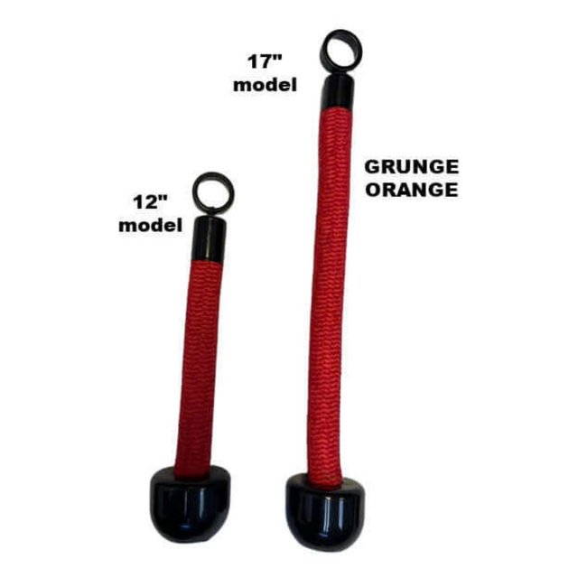 The TRICEPS ROPE EXTREME 'Singles' triceps cable workout ropes feature 12" and 17" orange and black batons with cushioned grips labeled as "GRUNGE ORANGE," offering a firm yet comfortable hold for enhanced comfort during your exercise regimen.