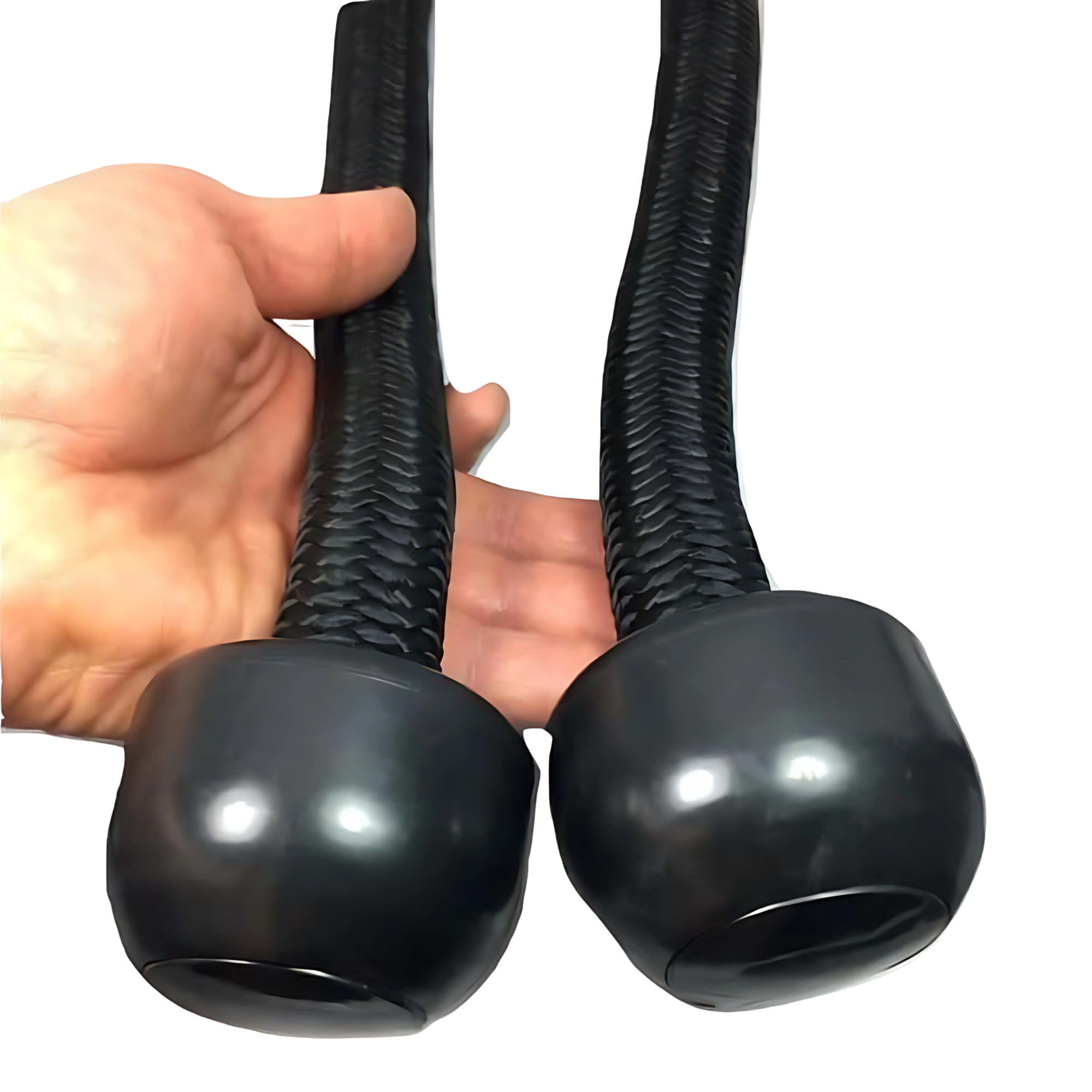 A hand holding two TRICEPS ROPE EXTREME 'Singles' triceps cable workout ropes with textured, cushioned grips and rounded ends—ideal for effective triceps exercises.