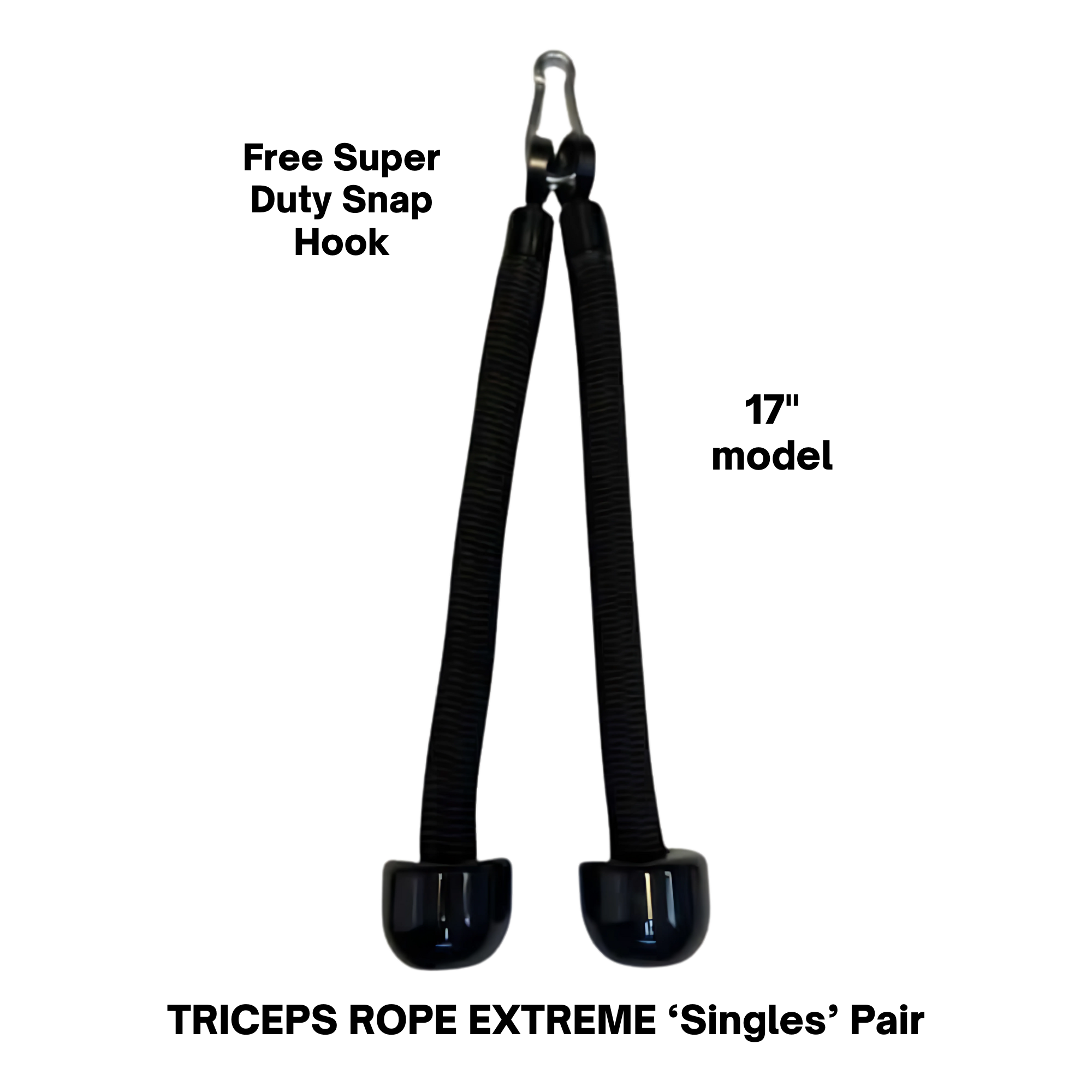 The TRICEPS ROPE EXTREME 'Singles' features two black resistance ropes with cushioned grip handles and a metal clip, perfect for effective triceps cable workouts, shown isolated on a white background.