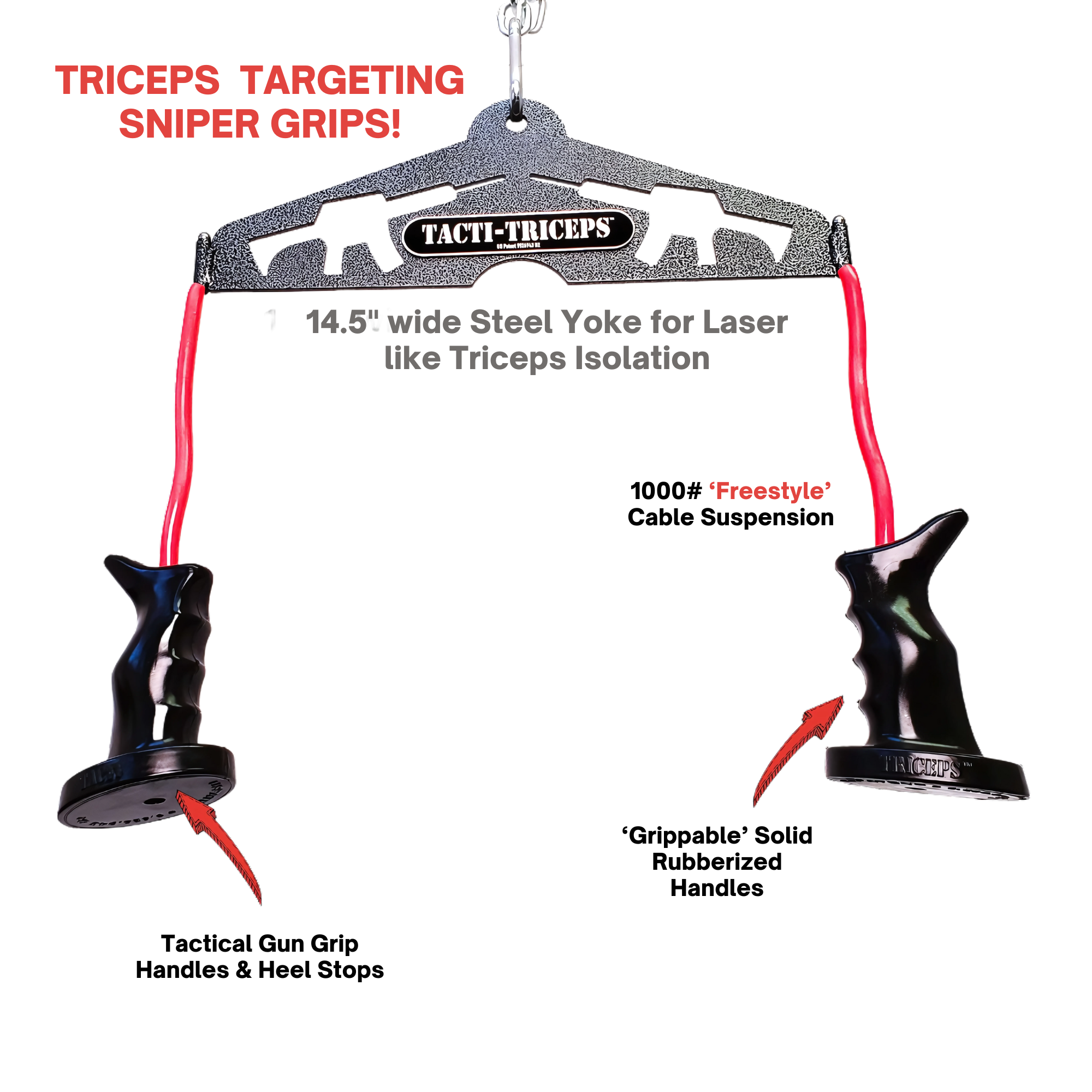 The TRICEPS TRIBULATION Cable Machine Attachment Set features two black AR15 grips, red cables, and labels "Tacti-Triceps" and "Sniper Grips," designed for your cable gym machine.