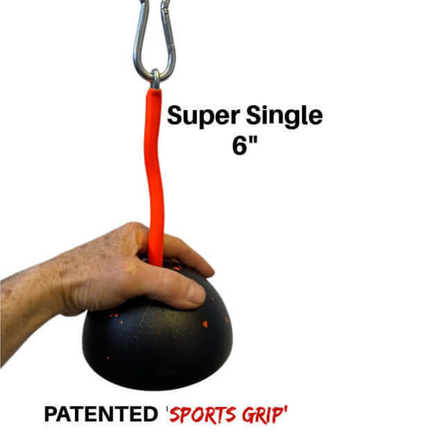 A hand grips a black dome with a red strap labeled "Super Single 6" patented 'Sports Grip', perfect for triceps extensions. This forms part of the TRICEPS TRIBULATION Cable Machine Attachment Set rules!.