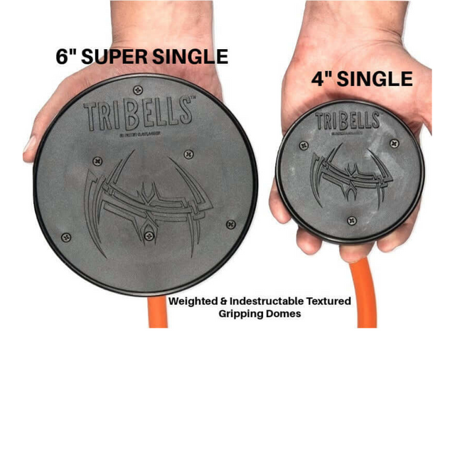 Two hands holding the TRICEPS TRIBULATION Cable Machine Attachment Set: a 6" super single and a 4" single, both with orange handles and textured domes for grip similar to Cable Machine Handles.