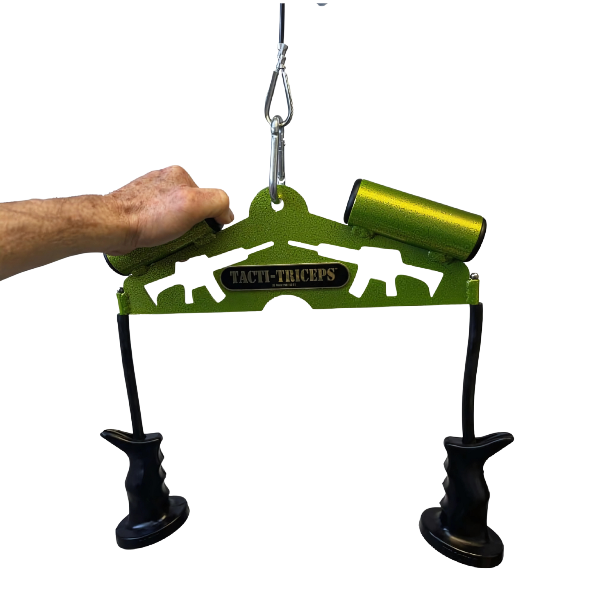 A hand grips the green TRICEPS TRIBULATION Cable Machine Attachment Set with black handles and a carabiner, perfect for triceps workouts or any cable gym machine.