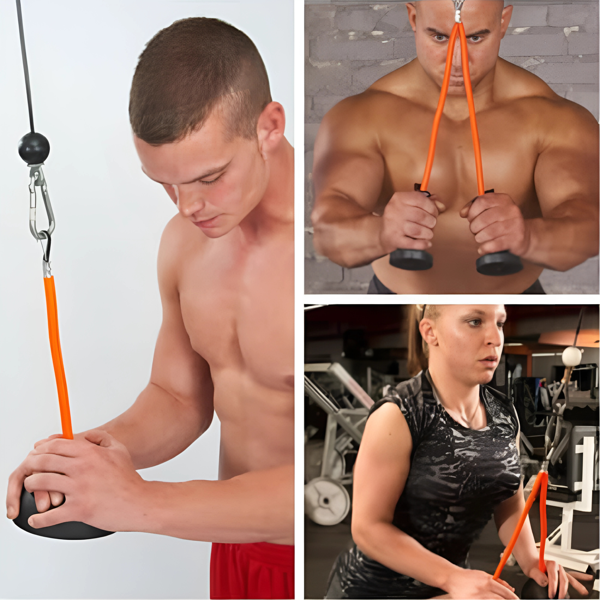 Three people using the TRICEPS TRIBULATION Cable Machine Attachment Set with an orange resistance band at the gym, showcasing its versatility for upper body and triceps workouts.