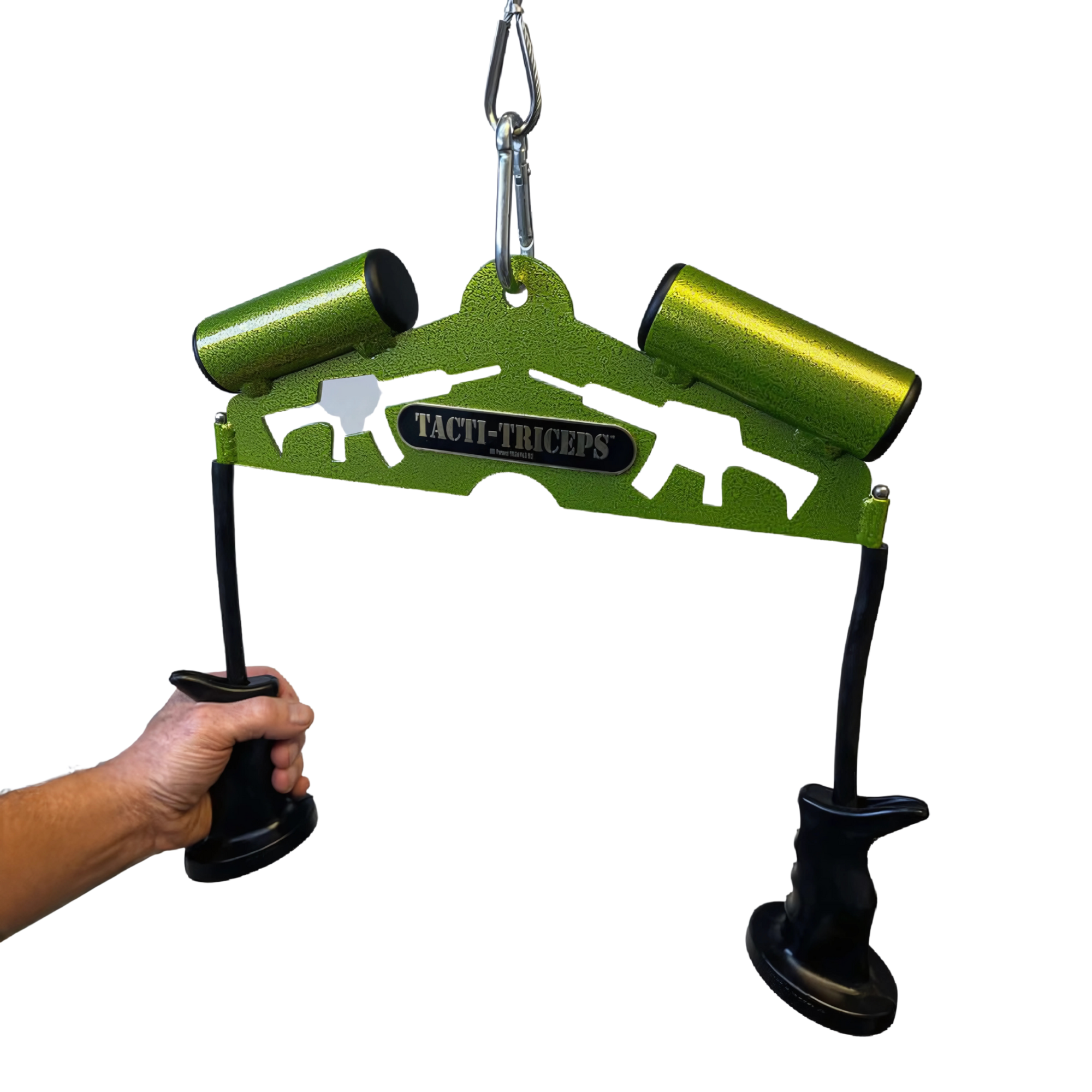 A hand holds the green TRICEPS TRIBULATION Cable Machine Attachment Set, featuring black handles and two green tubes—ideal for triceps workouts on cable gym machines.
