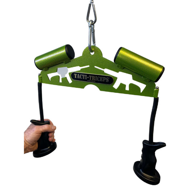 The TRICEPS TRIBULATION Cable Machine Attachment Set comes in green with pistol grip handles and adjustable weights, perfect for triceps extensions, confidently held.
