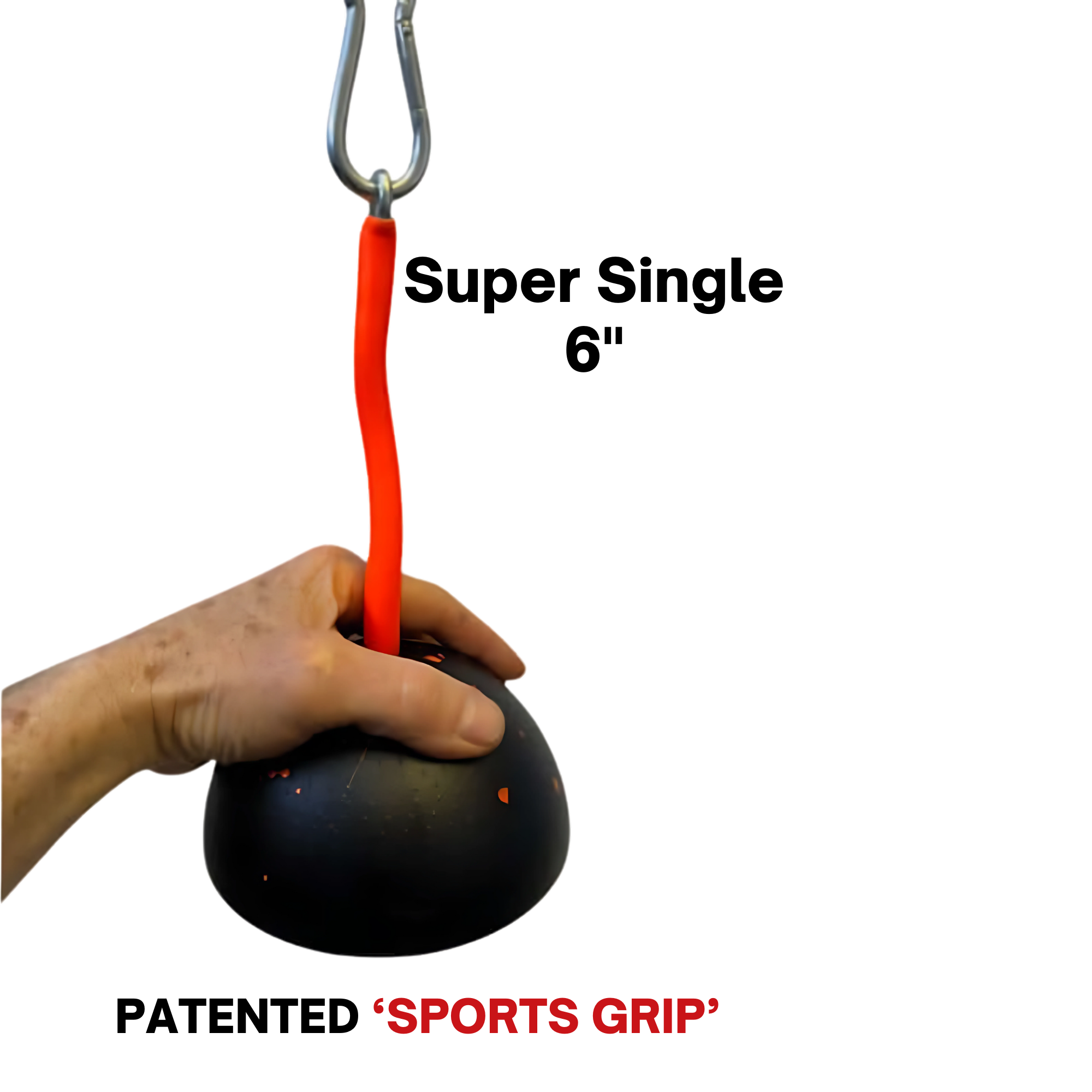 A hand grips a black, round TRICEPS TRIBULATION Cable Machine Attachment, similar to triceps workout gear, hanging from a red strap; text reads "SPORTS GRIP".