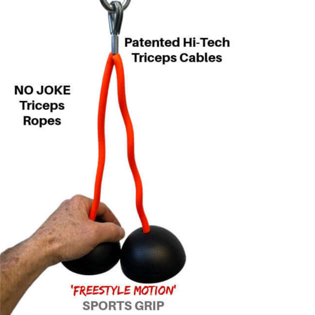 A hand grips orange tricep ropes with black grips labeled "Patented Hi-Tech Triceps Cables" and "NO JOKE Triceps Ropes." The TRICEPS TRIBULATION Cable Machine Attachment Set offers a durable alternative to traditional handles, perfect for tricep extensions.