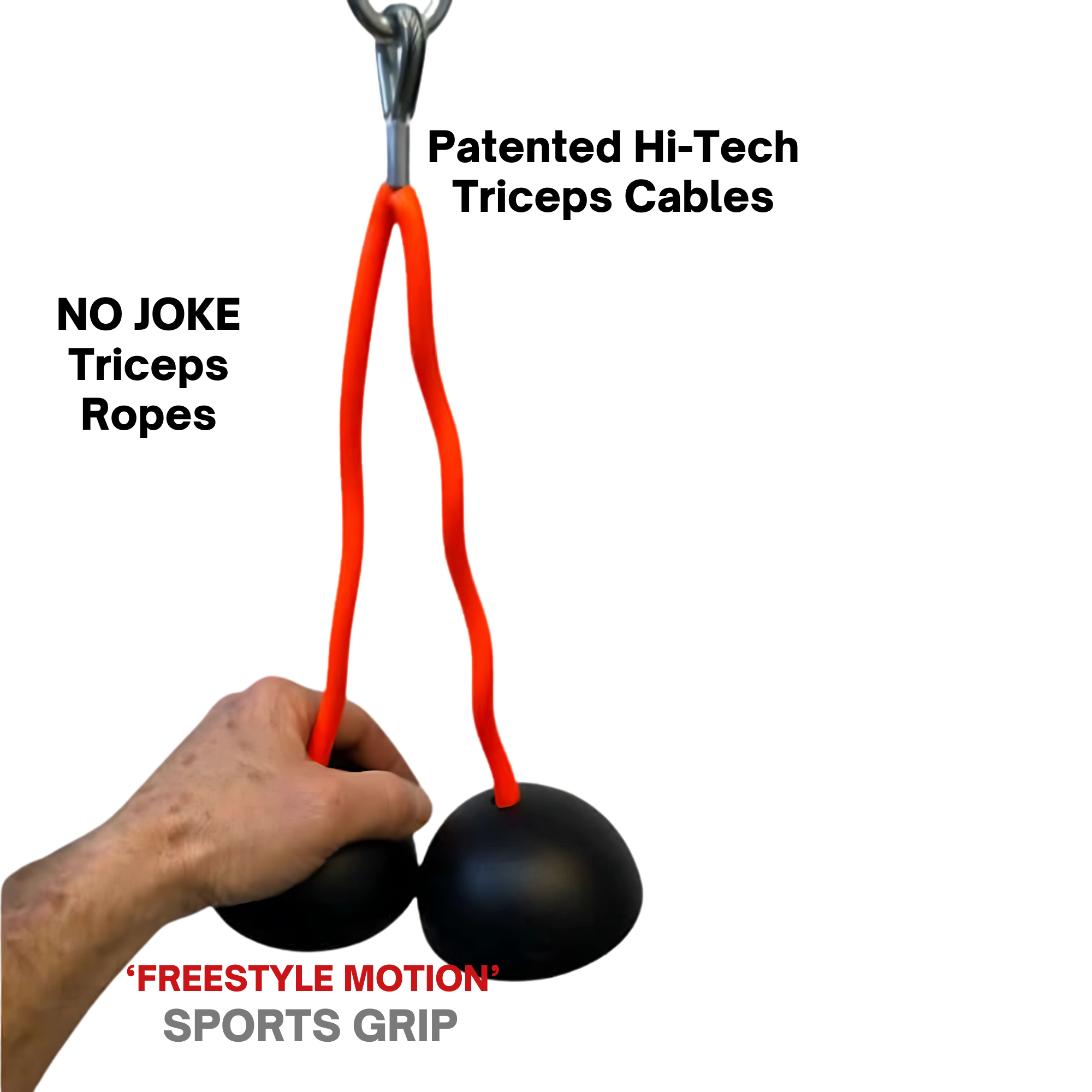 A hand grips two black domes with orange straps, part of the TRICEPS TRIBULATION Cable Machine Attachment Set, designed for unique triceps and sports grip training.
