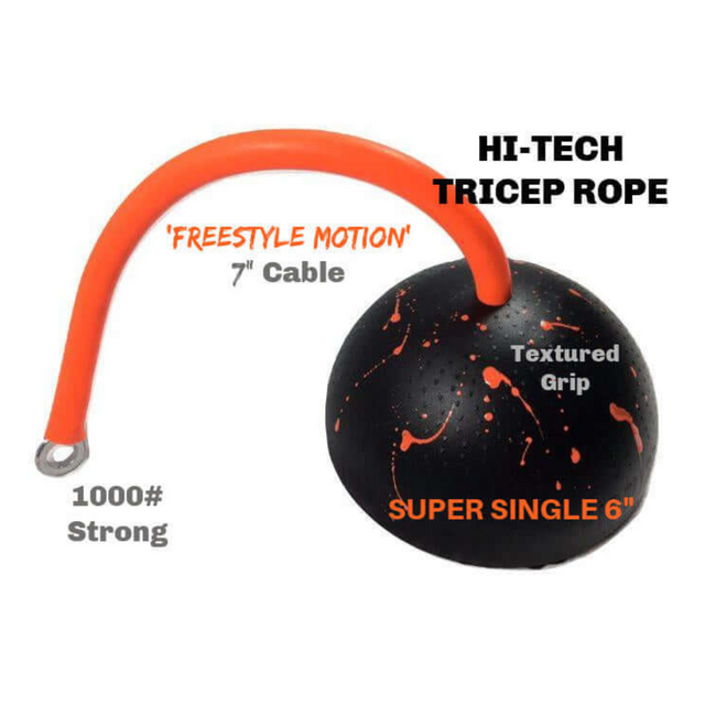 The TRICEPS TRIBULATION Cable Machine Attachment Set features a hi-tech tricep rope with a textured grip for smooth extensions, freestyle motion, a durable 7" cable, and 6" super single. Compatible with most cable machines, it offers impressive strength of up to 1000 pounds.