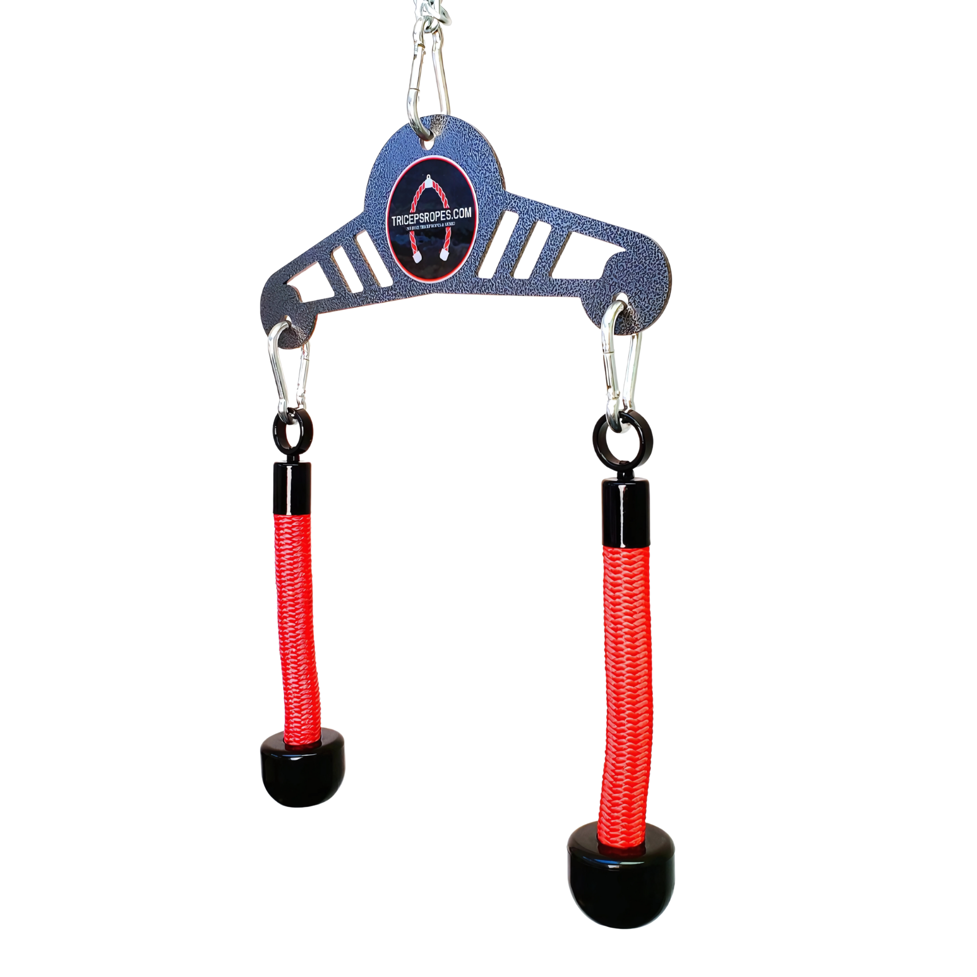 The TRICEP ROPE EXTREME 'Convertible' Rope for Triceps Yoke features two red braided tricep rope handles with black end grips, connected by a commercial-grade metal trapeze bar and suspended by chains.