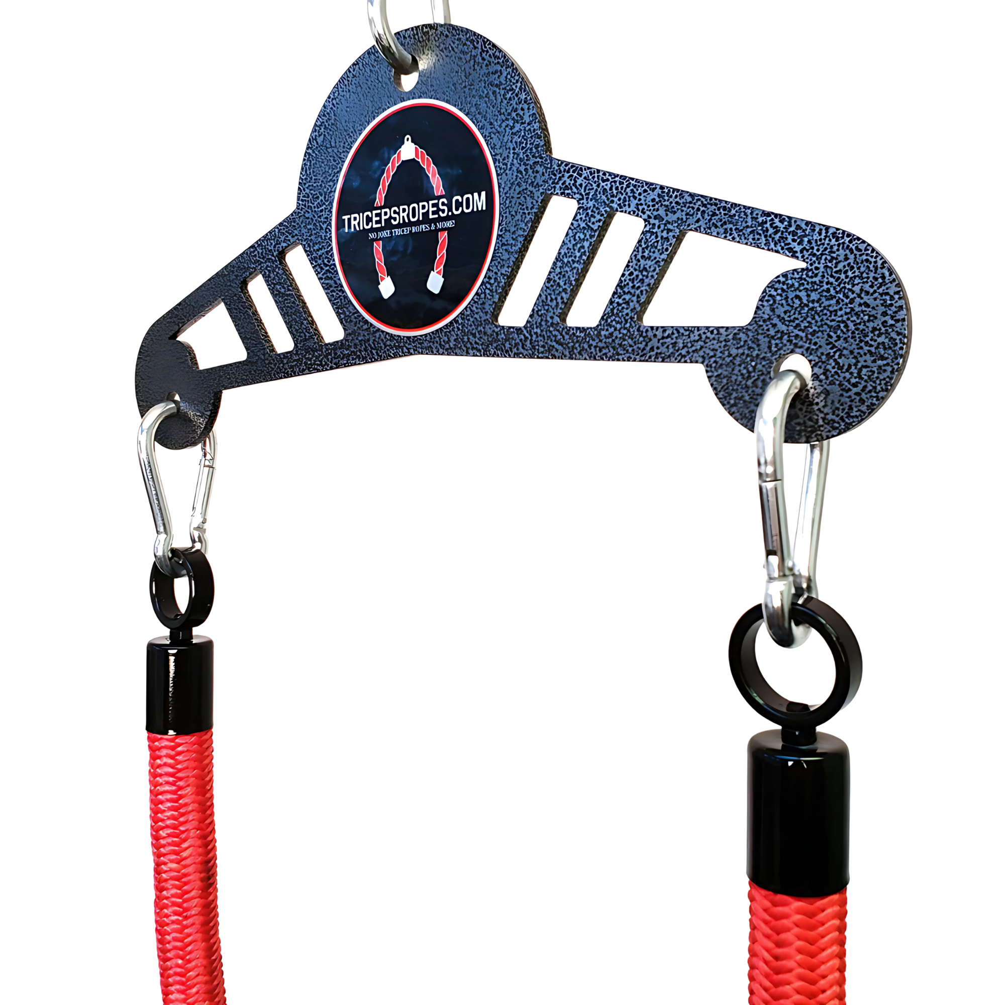 Close-up of the TRICEP ROPE EXTREME 'Convertible' Rope for Triceps Yoke, featuring red braided handles and a black metal bracket—ideal for tricep extension exercises.