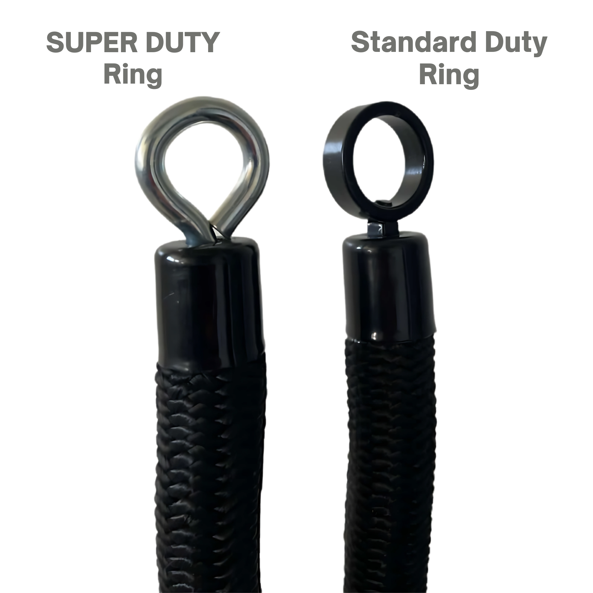 The TRICEP ROPE EXTREME 'Convertible' Rope for Triceps Yoke includes two black commercial-grade ropes, each with a unique metal ring end: one labeled "SUPER DUTY Ring," the other "Standard Duty Ring"—perfect for tricep extensions.