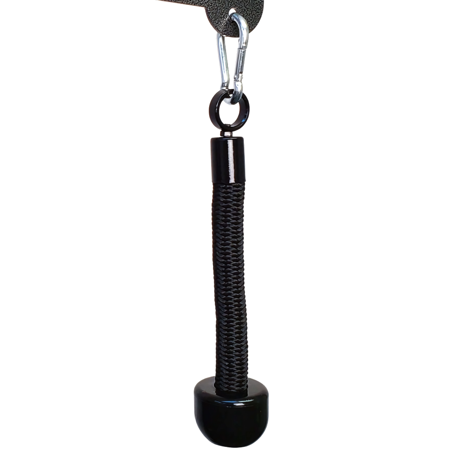 The TRICEP ROPE EXTREME 'Convertible' Rope for Triceps Yoke is a commercial-grade keychain with black rubber ends, a clip, and a braided cord handle, inspired by the toughness of tricep ropes.